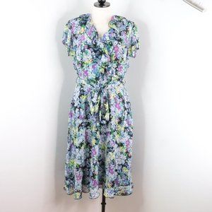 Addressing Woman Women's L 2pc Colorful Floral Ruffled Chiffon A-Line Tea Dress